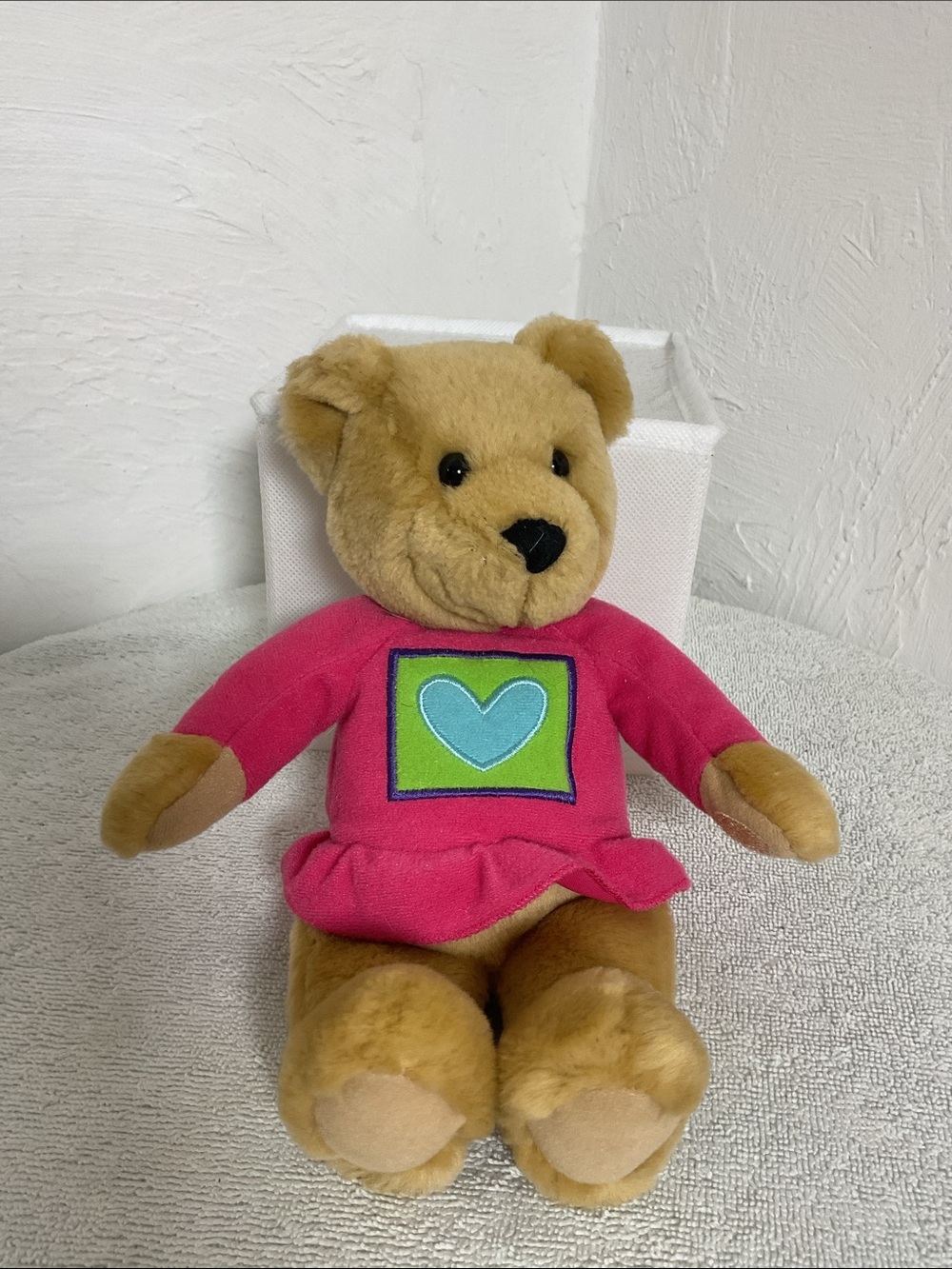 VTG Hallmark Valentine Plush Teddy Bear Pink Dress Blue Heart 10”
